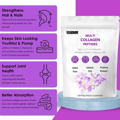 GSXR Multi Collagen Peptides Powder 1LB | Hydrolyzed Type I-X Collagen + Biotin, Hyaluronic Acid & Vitamin C
