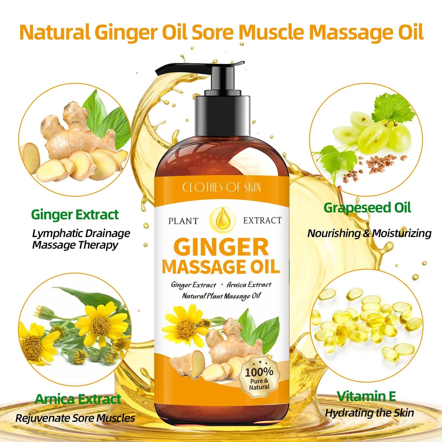 Ginger Oil Massage Oil for Therapy, Lymphatic Drainage, Sore Muscle Relief | Arnica