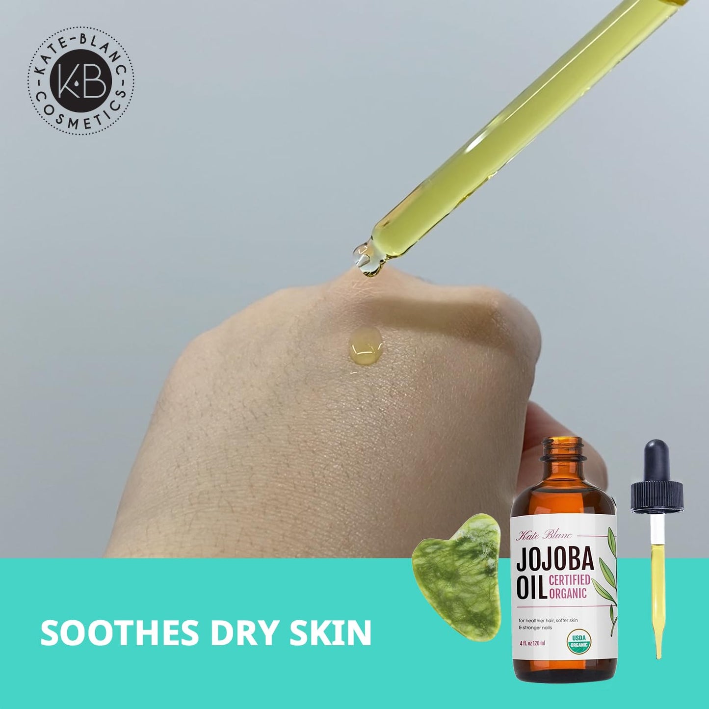 Kate Blanc Jojoba Oil for Hair, Skin & Face with Gua Sha Stone Kit (4oz, Organic)