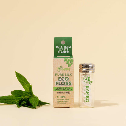 Biodegradable Mint Dental Floss with Refillable Glass Holder – 100% Organic, Compostable, Zero Waste Packaging
