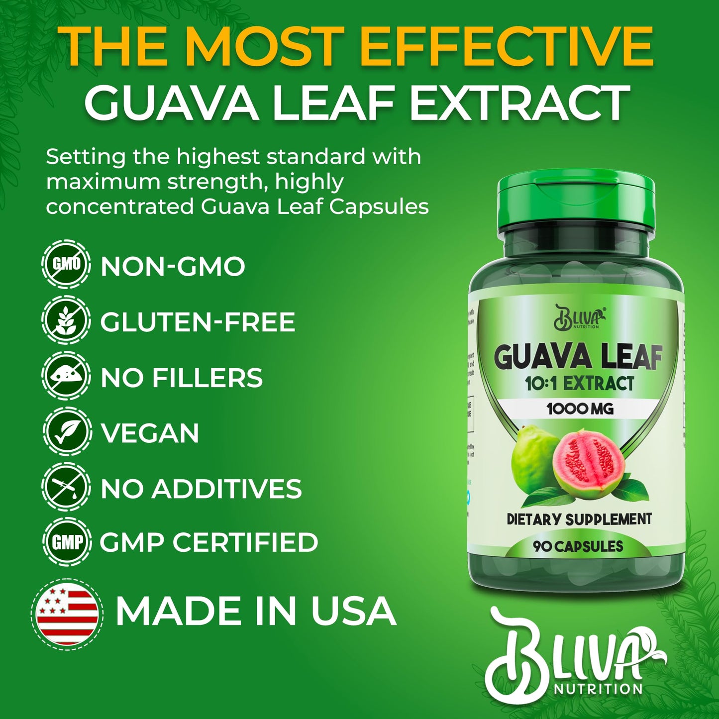 BLIVA Guava Leaf Extract Capsules – 1000 mg (10:1) – 90 Vegetarian Capsules
