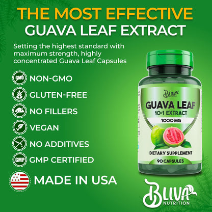 BLIVA Guava Leaf Extract Capsules – 1000 mg (10:1) – 90 Vegetarian Capsules