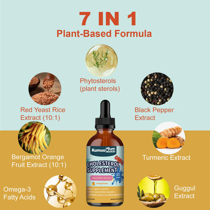 KumuoKeol Cholesterol Support Liquid Drops with Red Yeast Rice, Bergamot & Plant Sterols — Heart Health Formula, 2 fl oz