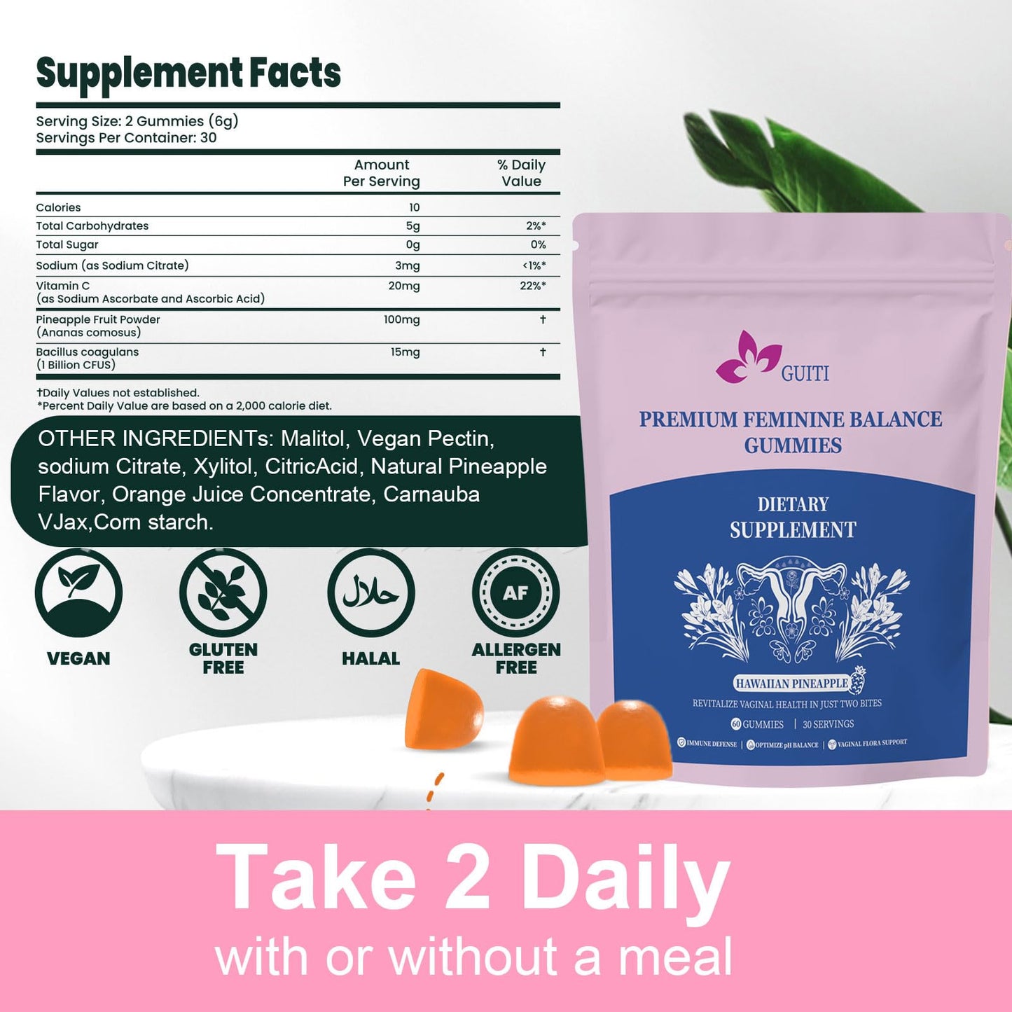 GUITI Premium Feminine Balance Gummies for Women – Pineapple Probiotic, Vegan & Gluten-Free, 60 Gummies