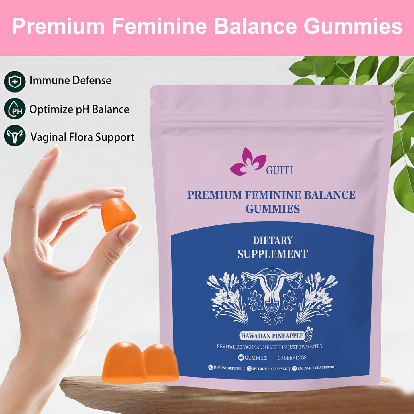 GUITI Premium Feminine Balance Gummies for Women – Pineapple Probiotic, Vegan & Gluten-Free, 60 Gummies