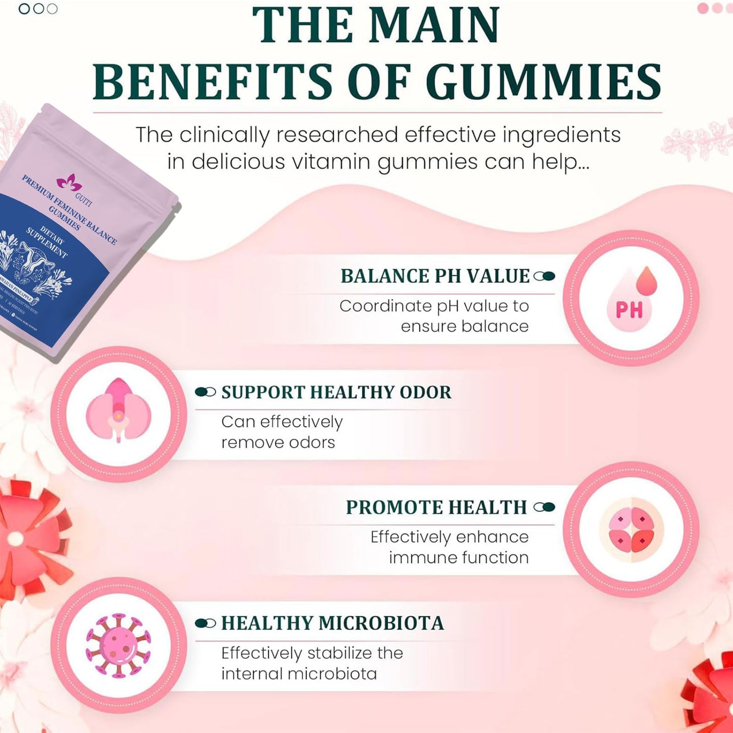GUITI Premium Feminine Balance Gummies for Women – Pineapple Probiotic, Vegan & Gluten-Free, 60 Gummies