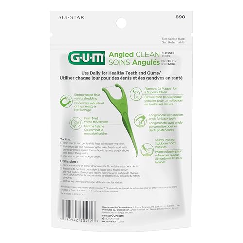 GUM Angled Floss Picks – Extra Strong Shred-Resistant Mint, 75 Count