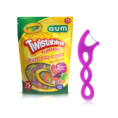 GUM Crayola Twistables Kids Flossers with Fluoride - 75 Count, 3 Flavors, Ages 3+