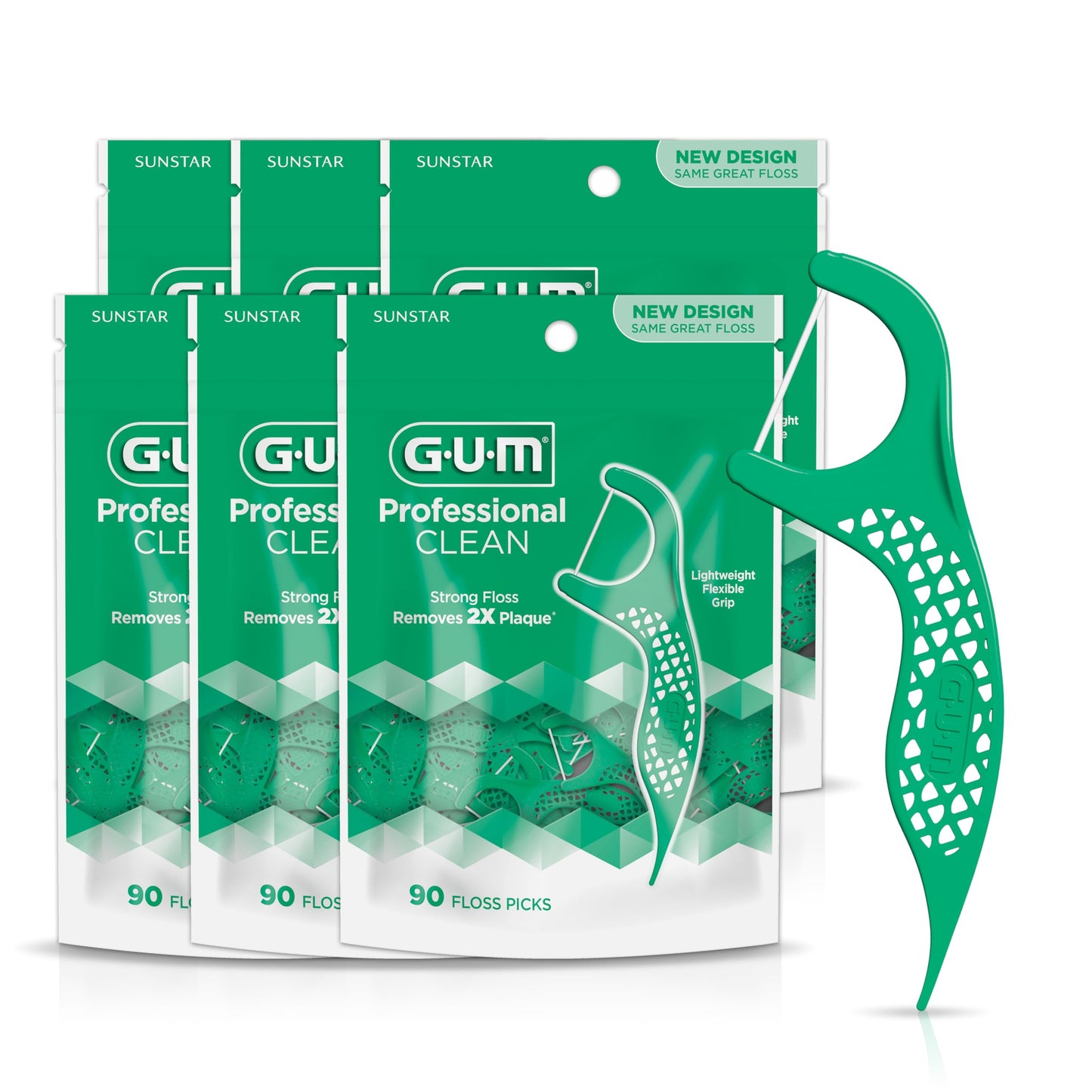 GUM Professional Clean Floss Picks – Extra-Strong Mint Floss, Easy-Grip Handle (90 Count, Pack of 6)