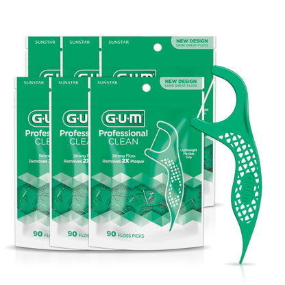 GUM Professional Clean Floss Picks – Extra-Strong Mint Floss, Easy-Grip Handle (90 Count, Pack of 6)