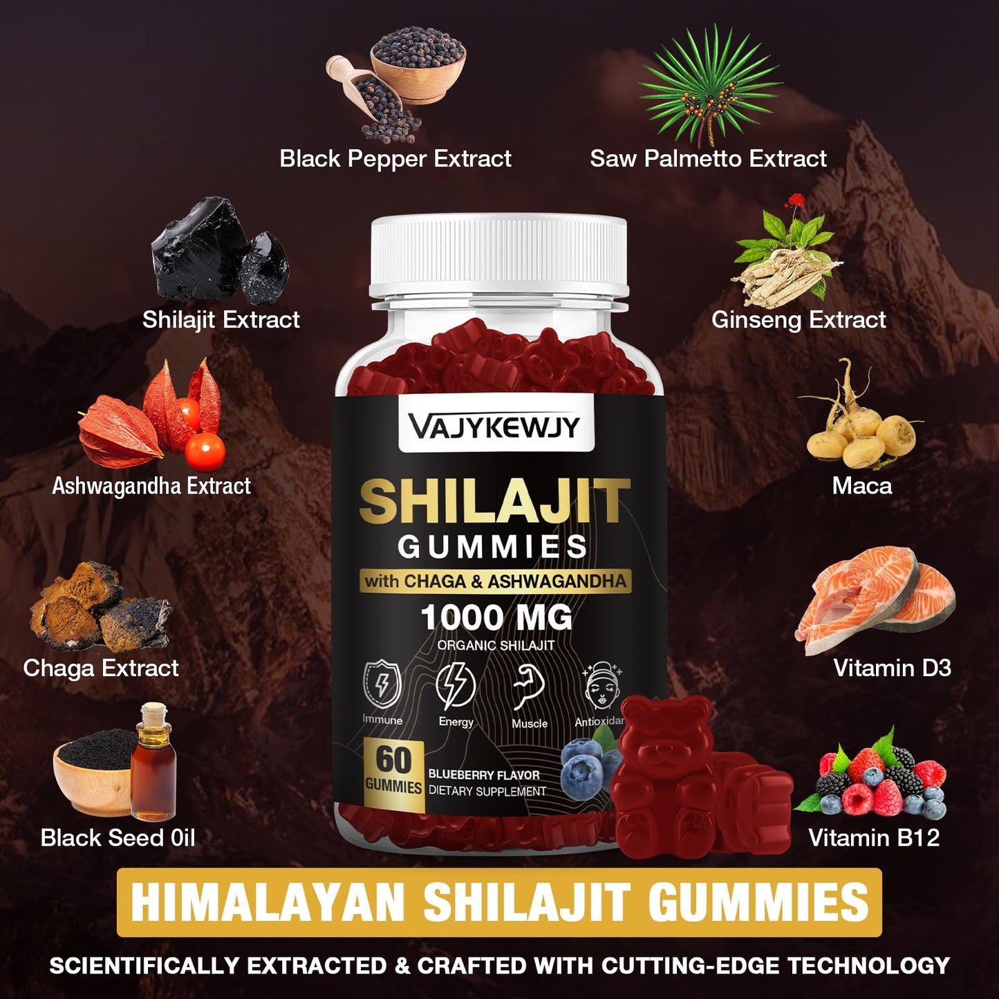 1000 MG Shilajit Gummies – Organic Himalayan Shilajit, 85+ Minerals, 120 Count
