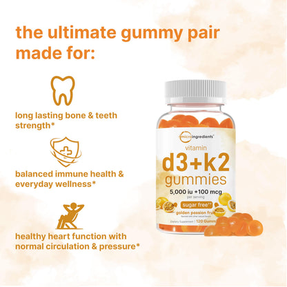 Vitamin D3 K2 Gummies 5,000 IU D3 + 100 mcg MK-7 | 120 Count | Sugar Free Golden Passion Fruit