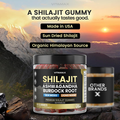 Organic Shilajit Gummies with Sea Moss & Ashwagandha – Watermelon Flavor, 60ct – Vegan, Non-GMO, Made in USA