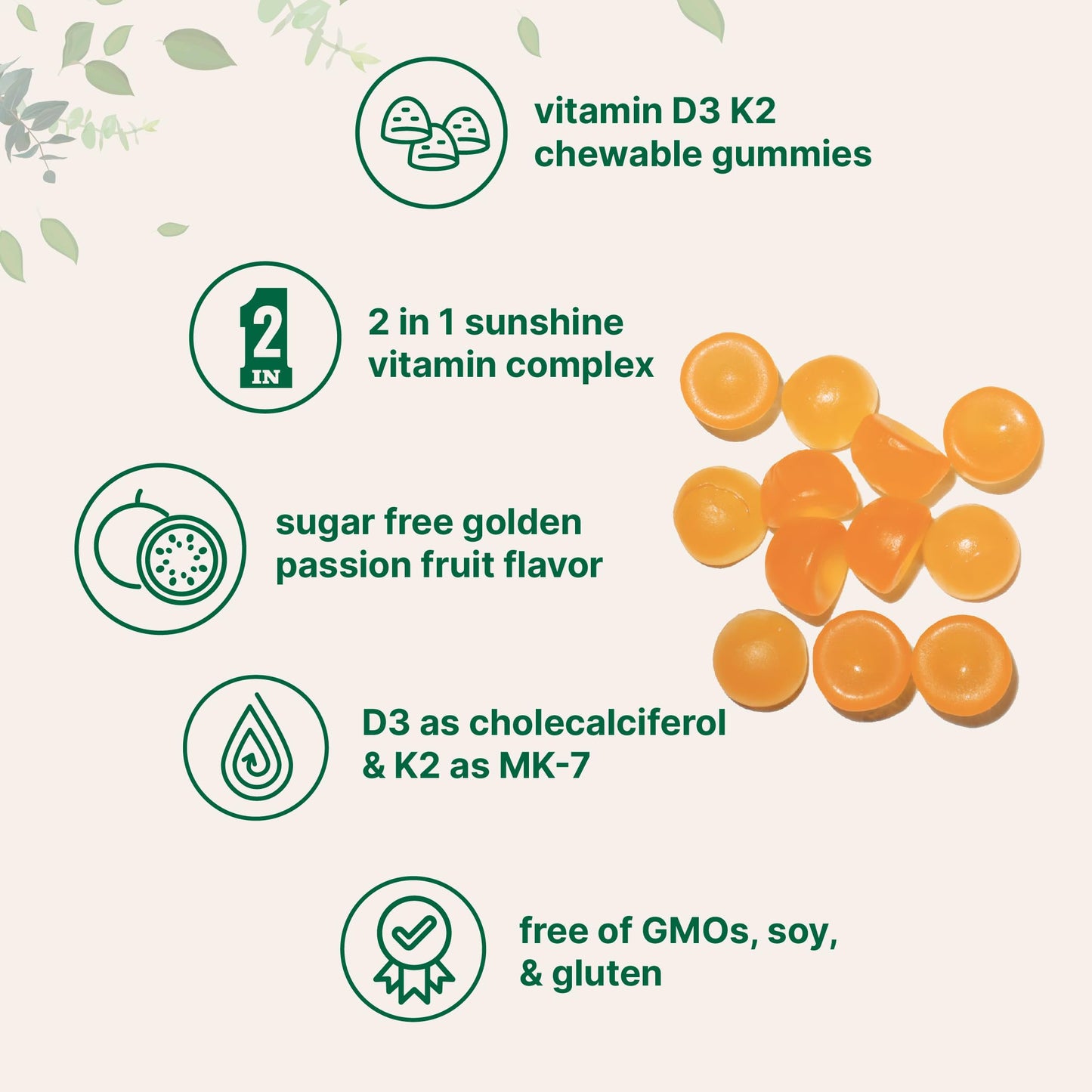 Vitamin D3 K2 Gummies 5,000 IU D3 + 100 mcg MK-7 | 120 Count | Sugar Free Golden Passion Fruit