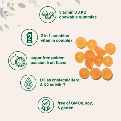 Vitamin D3 K2 Gummies 5,000 IU D3 + 100 mcg MK-7 | 120 Count | Sugar Free Golden Passion Fruit