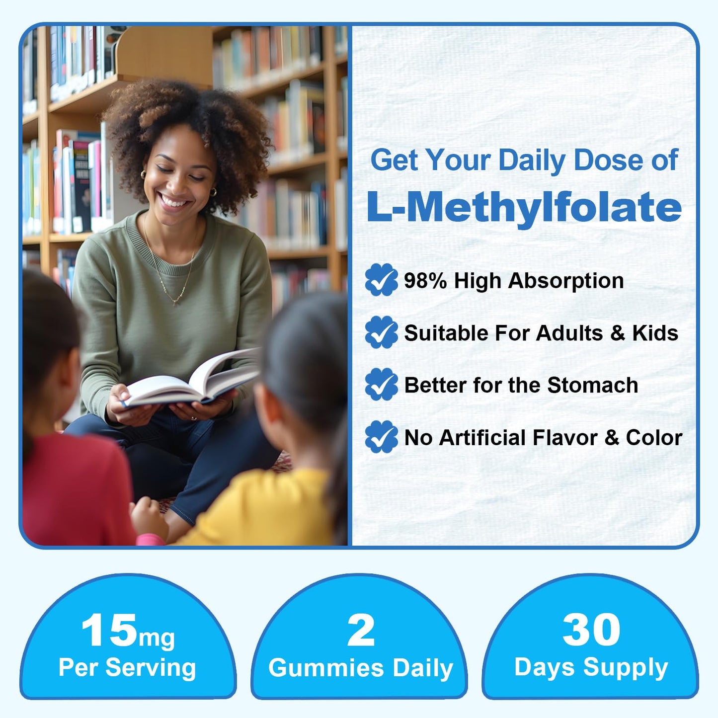 L-Methylfolate 15mg Gummies with Methyl B12 – 60 Count | Sugar Free, Vegan, Non-GMO Folate 5-MTHF