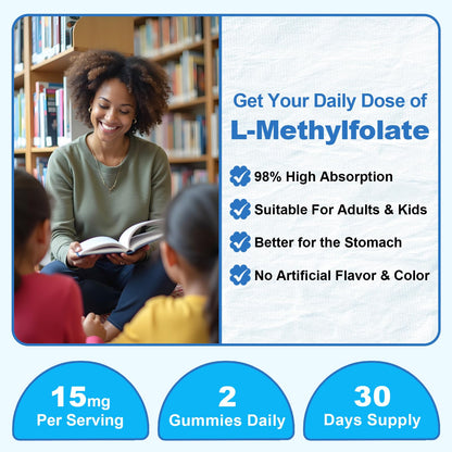 L-Methylfolate 15mg Gummies with Methyl B12 – 60 Count | Sugar Free, Vegan, Non-GMO Folate 5-MTHF
