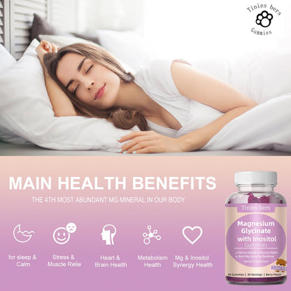 Magnesium Glycinate Gummies 400mg + Inositol 500mg for Women – Sleep & Stress Support, Sugar Free, Gluten Free, Vegan | 60 Gummies
