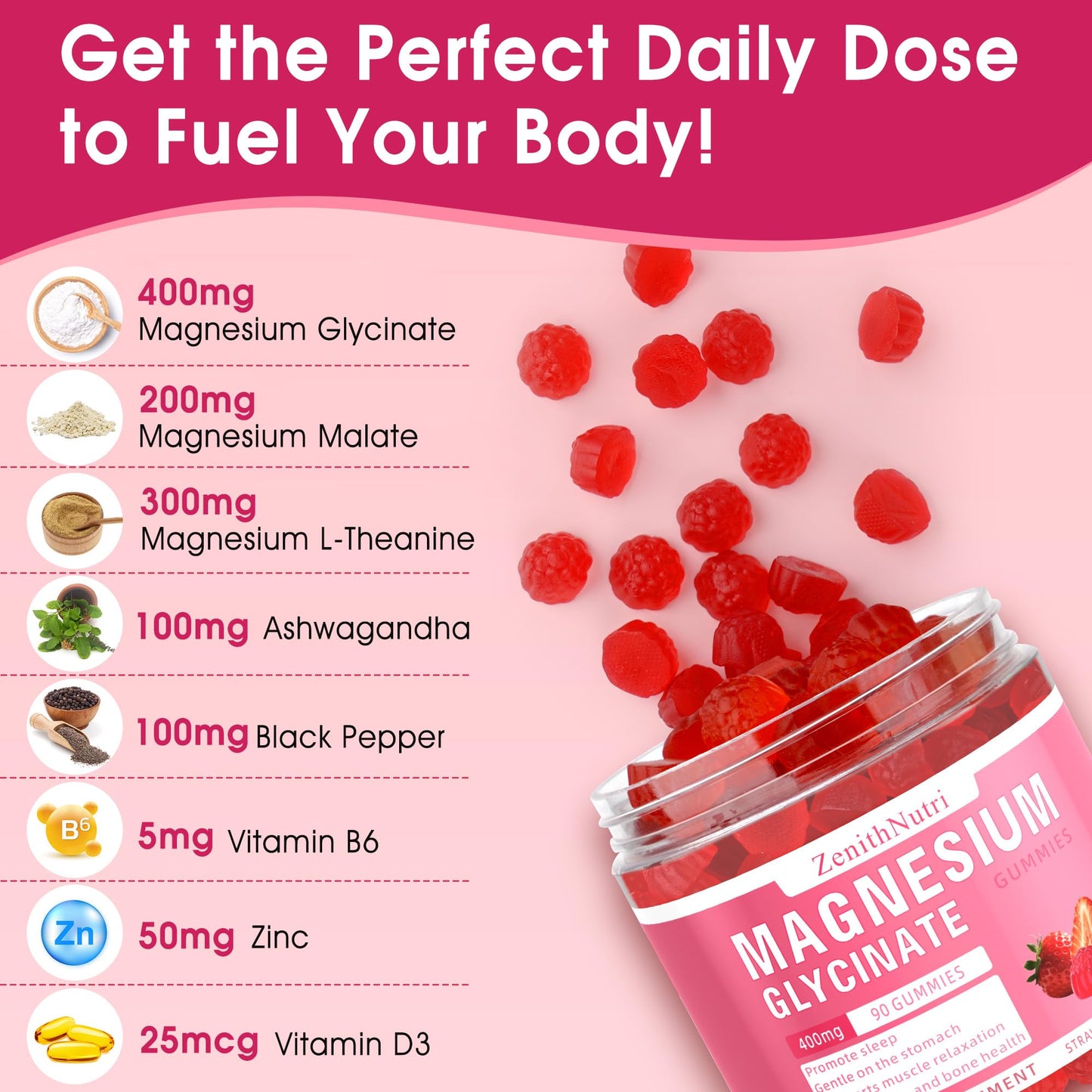 Magnesium Glycinate Gummies 400 mg with Ashwagandha – Sleep & Calm – 90 Count