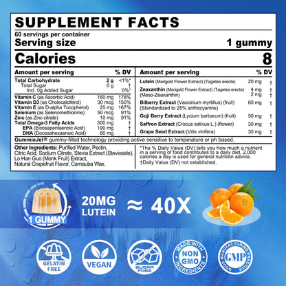 Sugar Free Lutein 20mg & 4mg Zeaxanthin Gummies with Omega-3 (EPA 190mg & DHA 80mg) - Vegan Eye Vitamins, 60 Count
