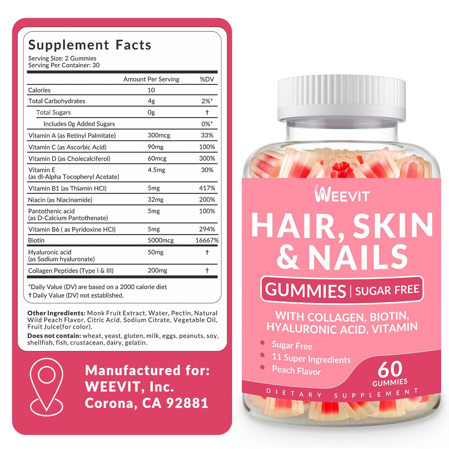 Hair Skin & Nails Gummies – Biotin, Collagen & Hyaluronic Acid | Gluten Free & Non-GMO