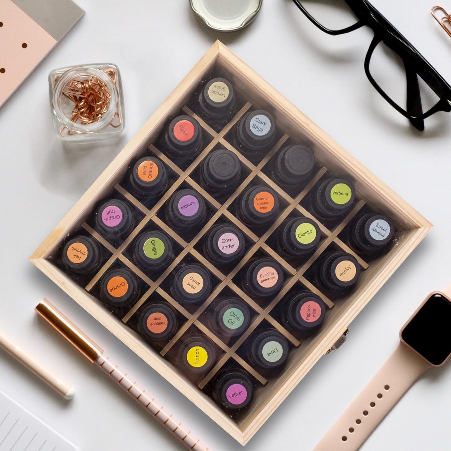 Guolich Essential Oil Storage Box – 25-Slot Wooden Display for 15 ml Bottles
