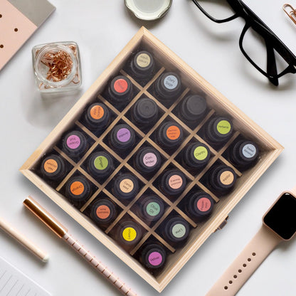Guolich Essential Oil Storage Box – 25-Slot Wooden Display for 15 ml Bottles