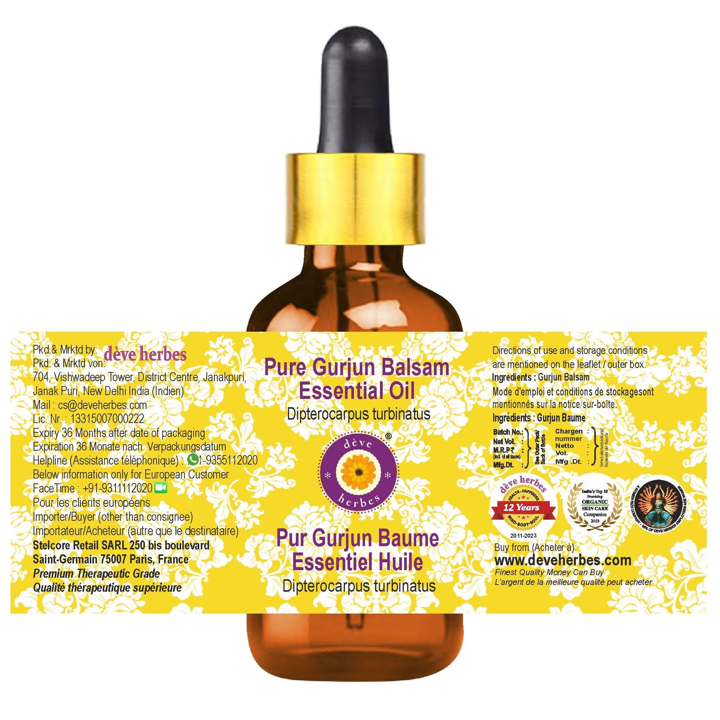 dève herbes Gurjun Balsam Essential Oil 30ml | Steam Distilled Dipterocarpus turbinatus | Glass Dropper