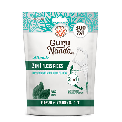 GuruNanda 2-in-1 Dental Floss Picks – 300 Count, Mint Flavor, Non-Slip Grip