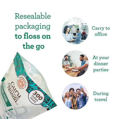 GuruNanda 2-in-1 Dental Floss Picks – 300 Count, Mint Flavor, Non-Slip Grip