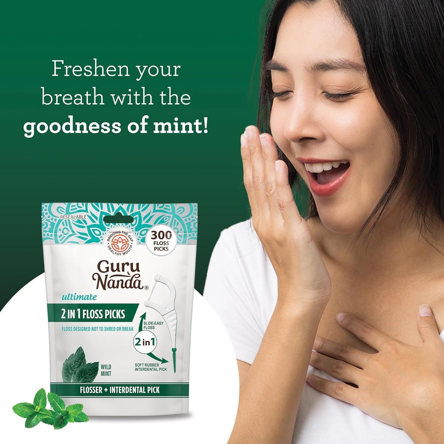 GuruNanda 2-in-1 Dental Floss Picks – 300 Count, Mint Flavor, Non-Slip Grip