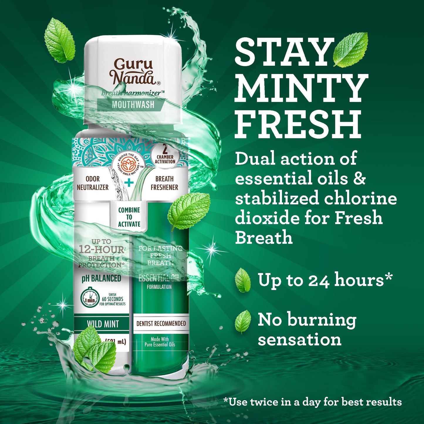 GuruNanda Dual Barrel Breath Harmonizer Mouthwash – Wild Mint, 3 Pack, Alcohol-Free & Fluoride-Free