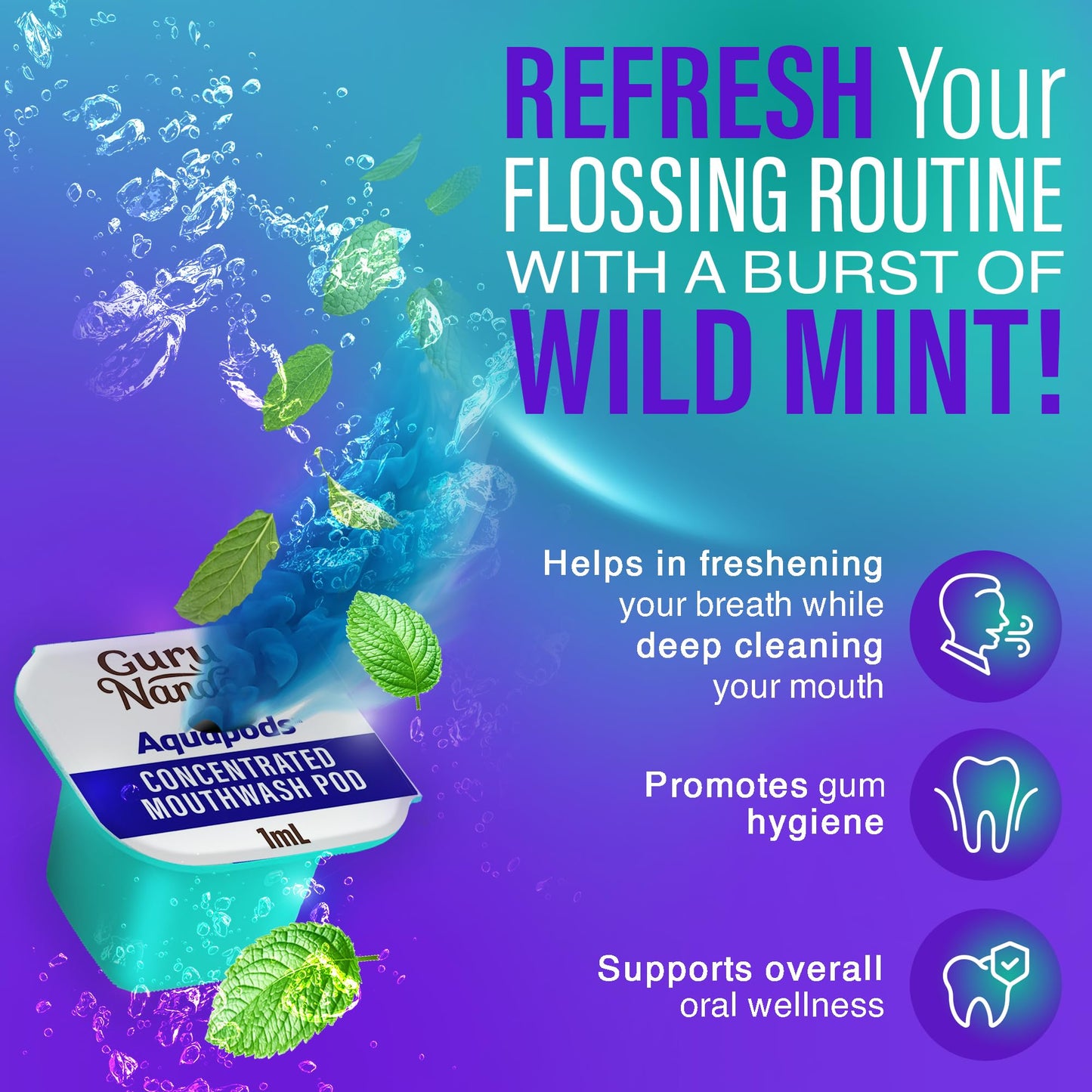 GuruNanda Aqua Pods - Pre-Measured Mouthwash for Water Flosser 4.0, Fluoride & Alcohol-Free, Wild Mint, 60 Count