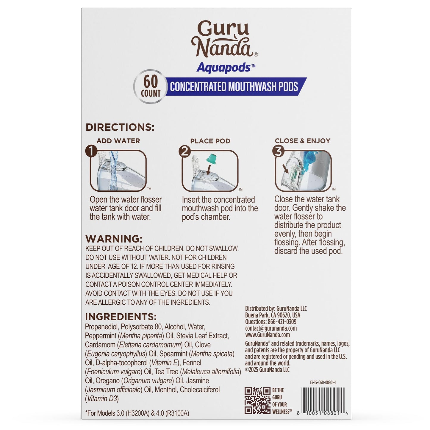 GuruNanda Aqua Pods - Pre-Measured Mouthwash for Water Flosser 4.0, Fluoride & Alcohol-Free, Wild Mint, 60 Count