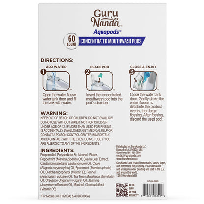 GuruNanda Aqua Pods - Pre-Measured Mouthwash for Water Flosser 4.0, Fluoride & Alcohol-Free, Wild Mint, 60 Count
