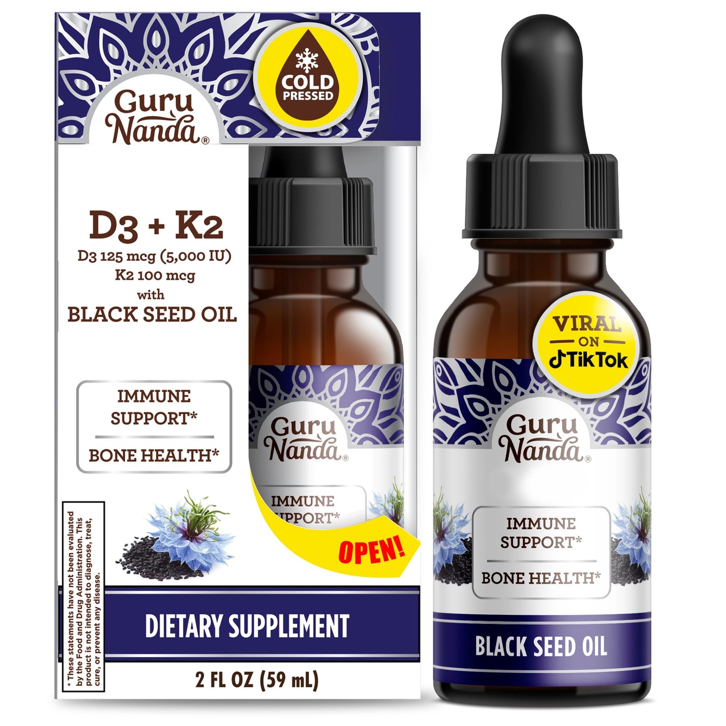 GuruNanda Black Seed Oil – Cold-Pressed Nigella Sativa, Vitamin D3 5000 IU, Vitamin K2 & E | Non-GMO, 2 fl oz
