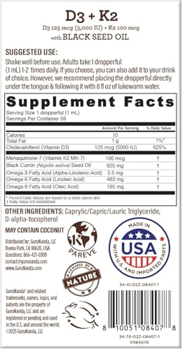 GuruNanda Black Seed Oil – Cold-Pressed Nigella Sativa, Vitamin D3 5000 IU, Vitamin K2 & E | Non-GMO, 2 fl oz