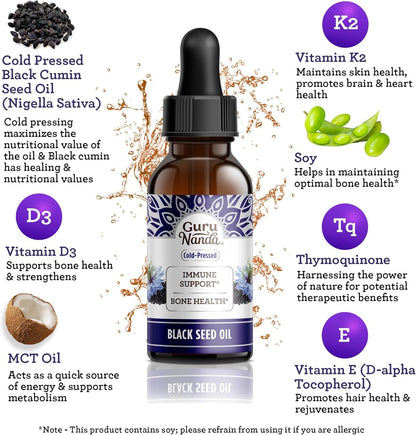 GuruNanda Black Seed Oil – Cold-Pressed Nigella Sativa, Vitamin D3 5000 IU, Vitamin K2 & E | Non-GMO, 2 fl oz
