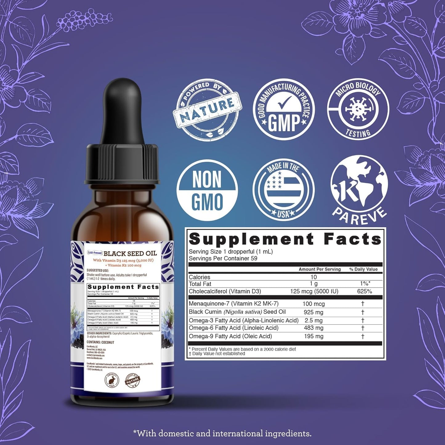 GuruNanda Black Seed Oil – Cold-Pressed Nigella Sativa, Vitamin D3 5000 IU, Vitamin K2 & E | Non-GMO, 2 fl oz