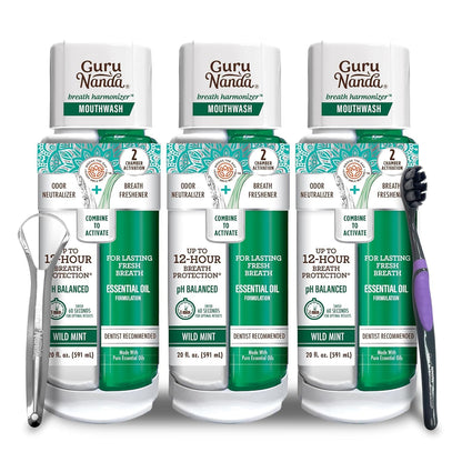 GuruNanda Dual Barrel Breath Harmonizer Mouthwash – Wild Mint, 3 Pack, Alcohol-Free & Fluoride-Free