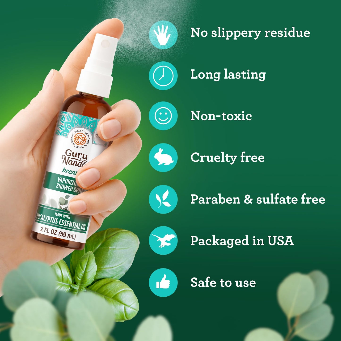 GuruNanda Breathe Vaporizing Shower Spray – Eucalyptus & Basil, 2 fl oz