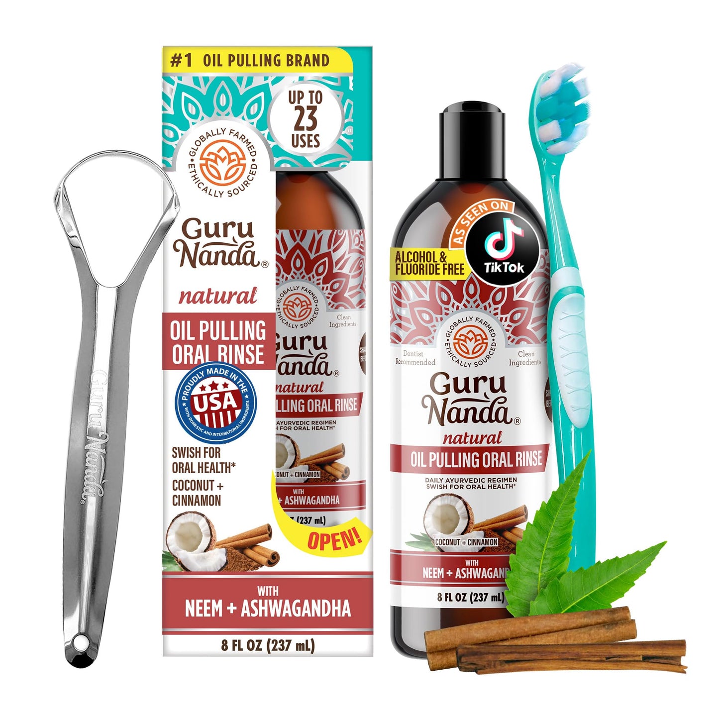 GuruNanda Cinnamon Oil Pulling Mouthwash with Neem & Ashwagandha – Alcohol-Free (8 oz)