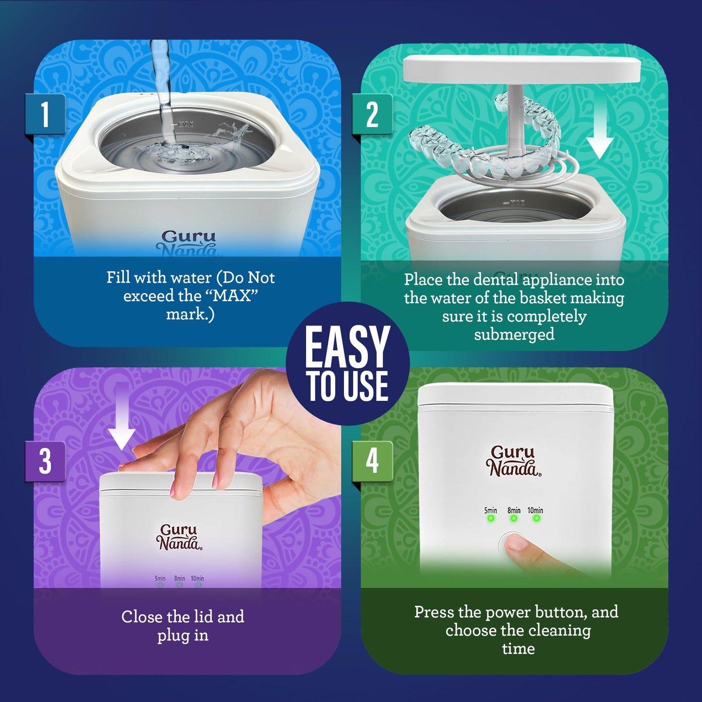 GuruNanda Ultrasonic Retainer Cleaning Pod – 190ml, 45kHz, 3 Modes