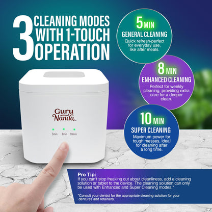 GuruNanda Ultrasonic Retainer Cleaning Pod – 190ml, 45kHz, 3 Modes