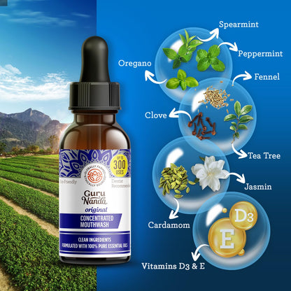 GuruNanda Concentrated Mouthwash (3x2 fl oz) - 300 Rinses, Fluoride-Free Mint with Essential Oils