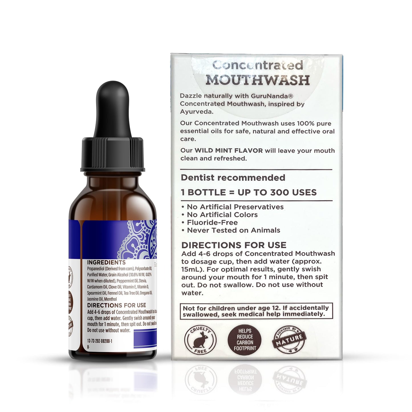 GuruNanda Concentrated Mouthwash (3x2 fl oz) - 300 Rinses, Fluoride-Free Mint with Essential Oils