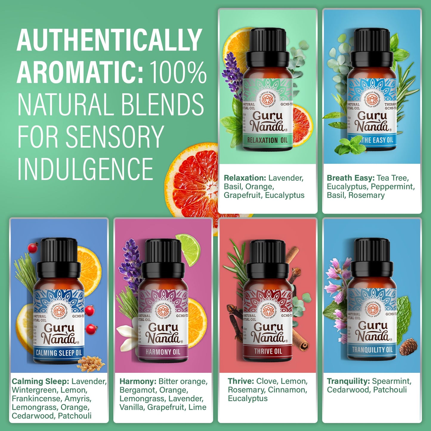 GuruNanda Essential Oil Blends (Set of 6) – 6-Pack Aromatherapy Oils for Diffusers