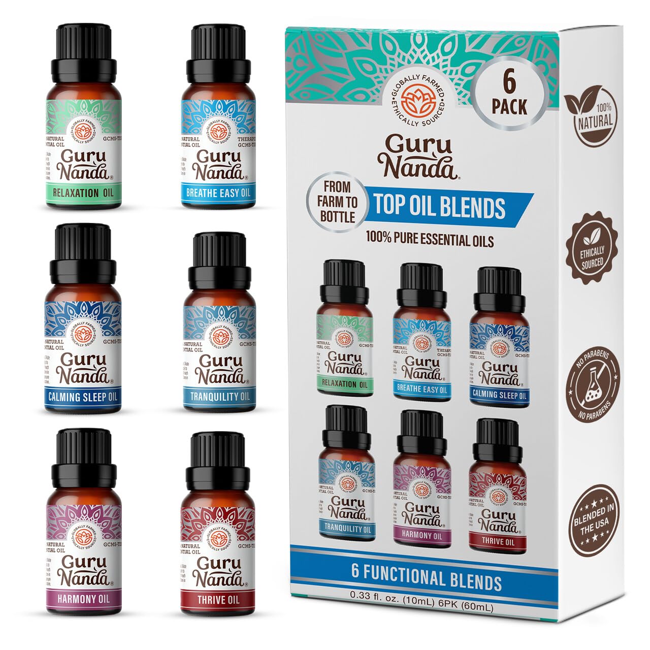 GuruNanda Essential Oil Blends (Set of 6) – 6-Pack Aromatherapy Oils for Diffusers