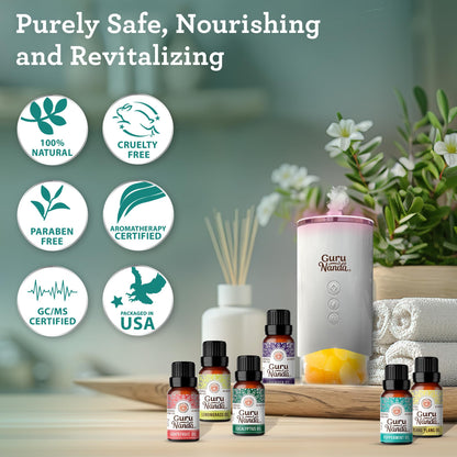 GuruNanda Essential Oils Set for Diffusers – 6 x 0.33 Fl Oz, 100% Pure & Natural (Lavender, Peppermint, Eucalyptus, Grapefruit, Lemongrass, Ylang Ylang) Pack of 6