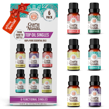 GuruNanda Essential Oils Set for Diffusers – 6 x 0.33 Fl Oz, 100% Pure & Natural (Lavender, Peppermint, Eucalyptus, Grapefruit, Lemongrass, Ylang Ylang) Pack of 6